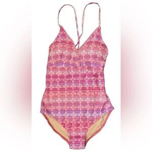 NWT Cabana Life "Napa" Crochet Embroidered Trim One Piece Swimsuit Pink Multi L